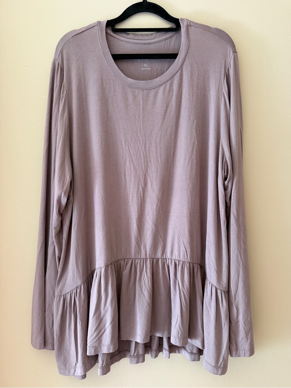 LOGO Lori Goldstein Peplum Ruffle Hem Tunic Top Long Sleeve Mauve Purple XL